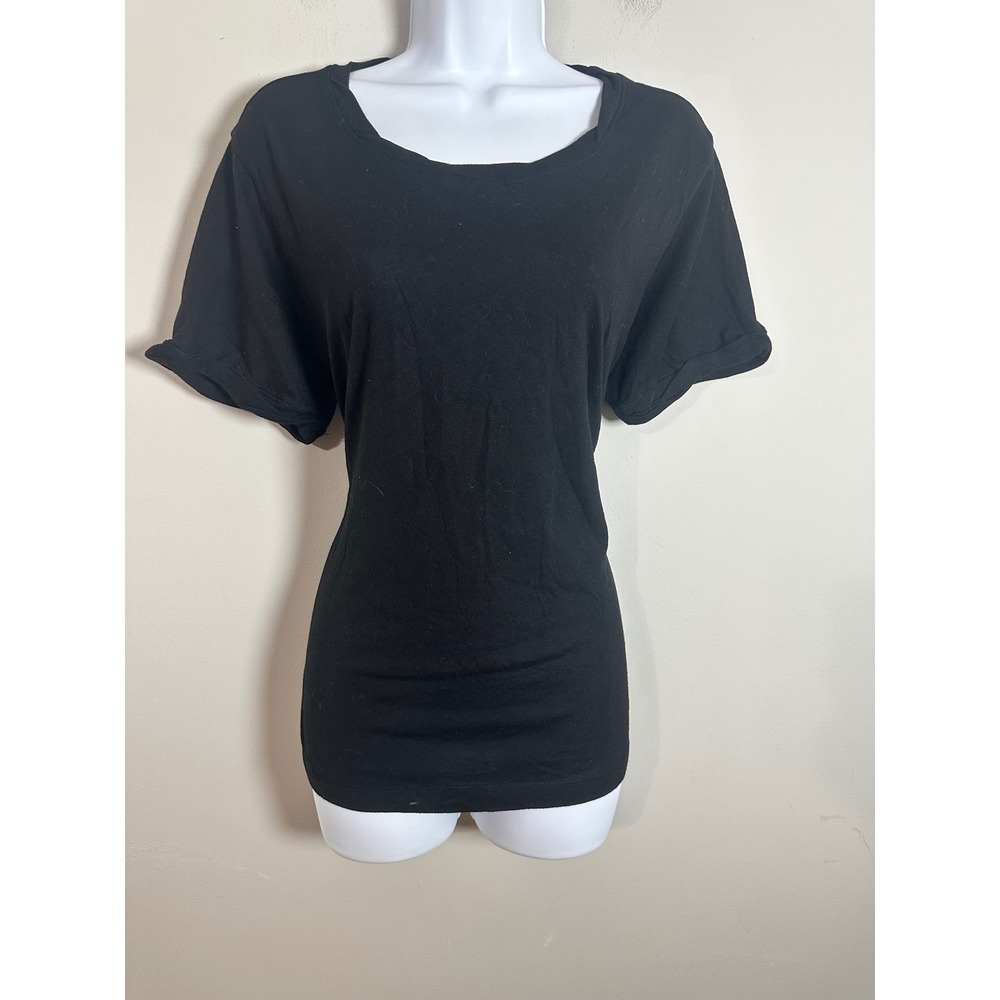 Michael Stars Sloan Rolled Sleeve Crew Neck Tee Black Cotton Top Size M